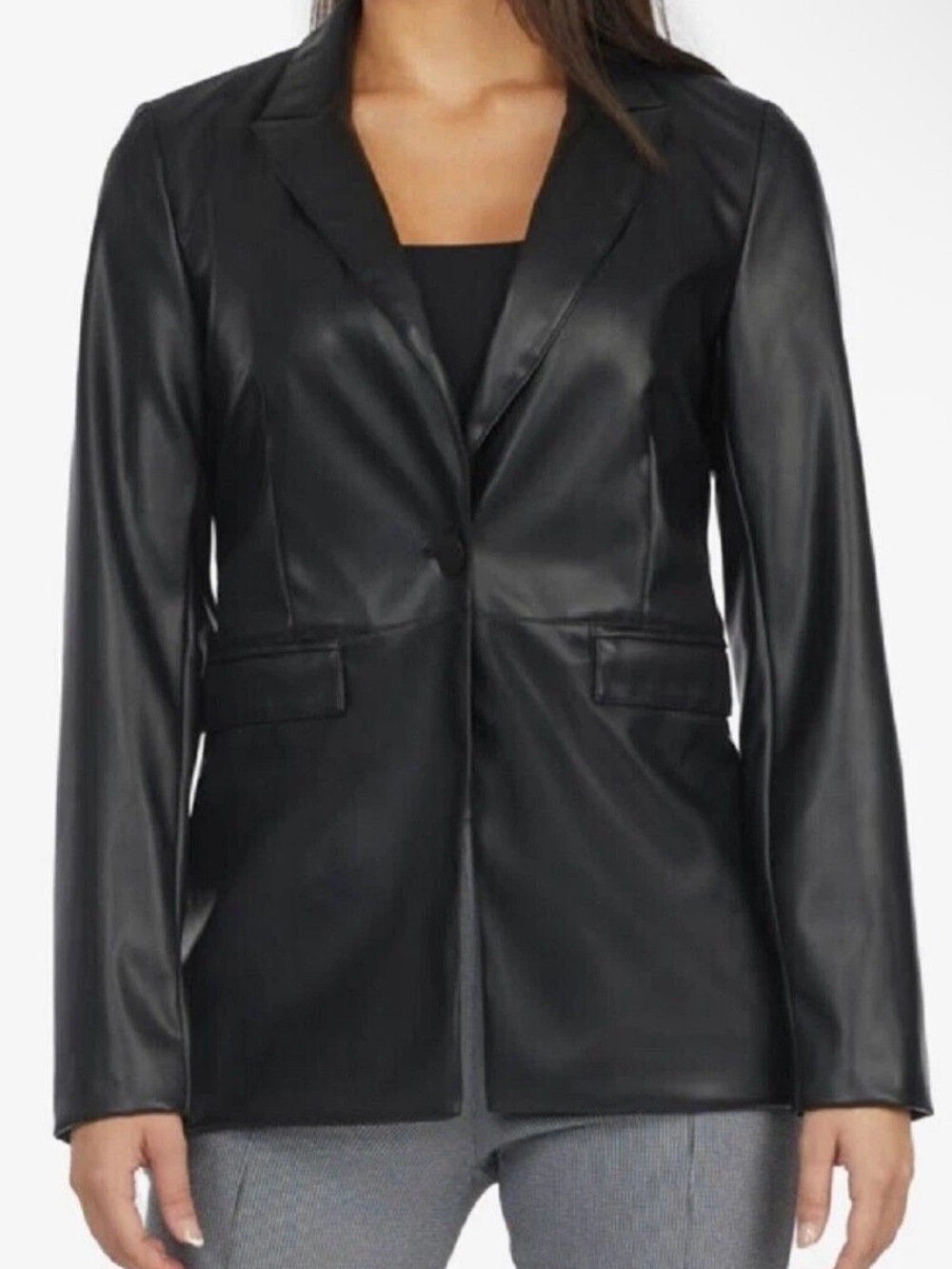 Laundry by Shelli Segal black faux leather shiny blazer jacket coat size M
